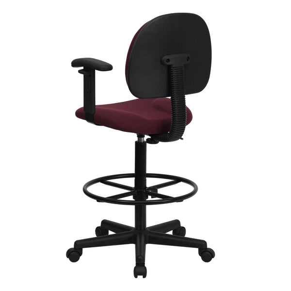 Burgundy |#| Burgundy Fabric Swivel Drafting Chair with Adjustable Height and Arms