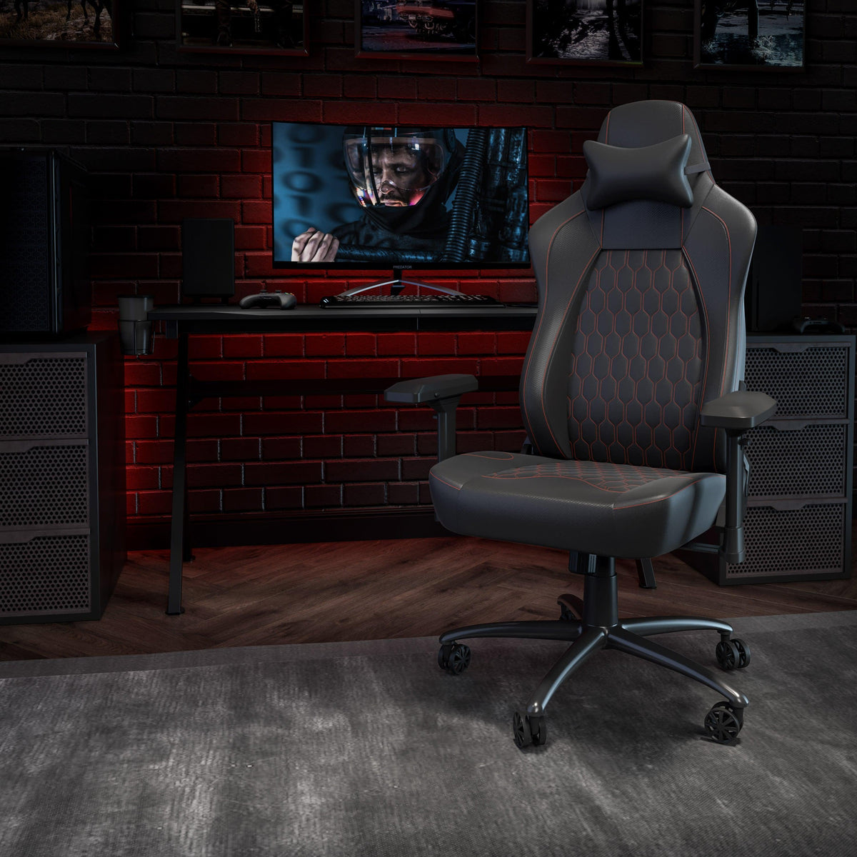 Black with Red Trim |#| Ergonomic Gaming Chair with 4D Armrests, Headrest, & Lumbar Support-Black/Red