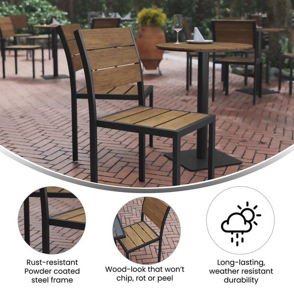 Natural |#| Commercial Grade Outdoor Faux Teak Armless Patio Dining Chair - Natural/Gray
