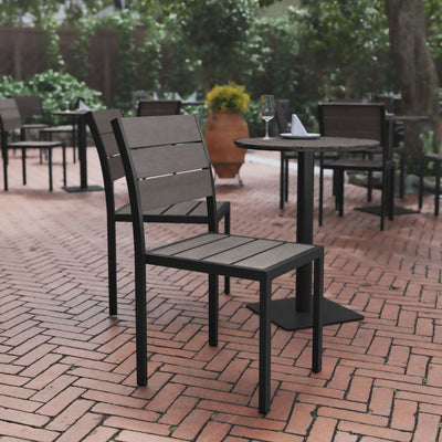 Finch Commercial Grade Armless Patio Chair, Stackable Side Chair with Faux Teak Poly Slats and Metal Frame - View 2