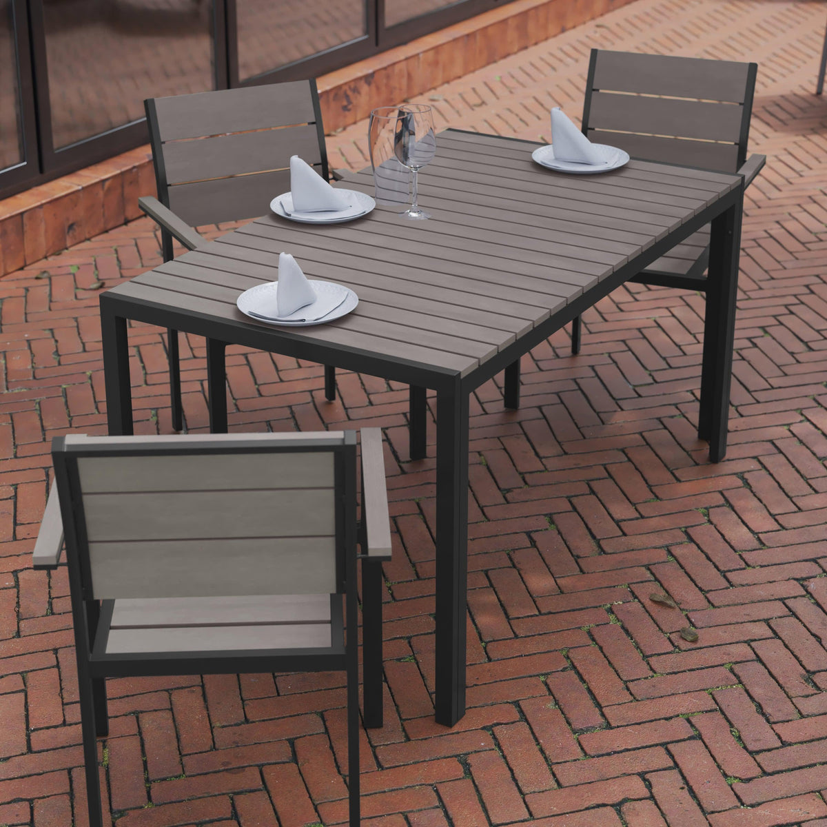 Gray |#| Commercial 55 x 31 Faux Teak Outdoor Patio Table - Gray/Gray
