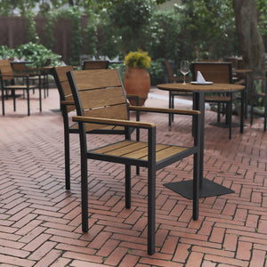 Finch Commercial Grade Patio Chair with Arms, Stackable Side Chair with Faux Teak Poly Slats and Metal Frame