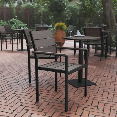 Finch Commercial Grade Patio Chair with Arms, Stackable Side Chair with Faux Teak Poly Slats and Metal Frame - View 2