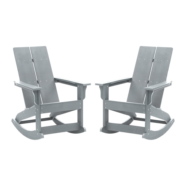 Gray |#| Indoor/Outdoor modern 2-Slat Adirondack Poly Resin Rockers in Gray - Set of 2