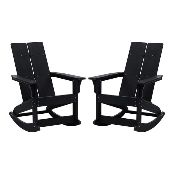 Black |#| Indoor/Outdoor modern 2-Slat Adirondack Poly Resin Rockers in Black - Set of 2