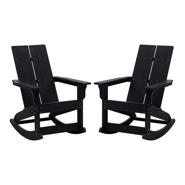 Black |#| Indoor/Outdoor modern 2-Slat Adirondack Poly Resin Rockers in Black - Set of 2