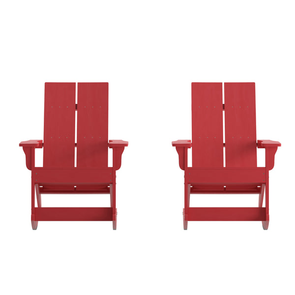 Red |#| Indoor/Outdoor modern 2-Slat Adirondack Poly Resin Rockers in Red - Set of 2