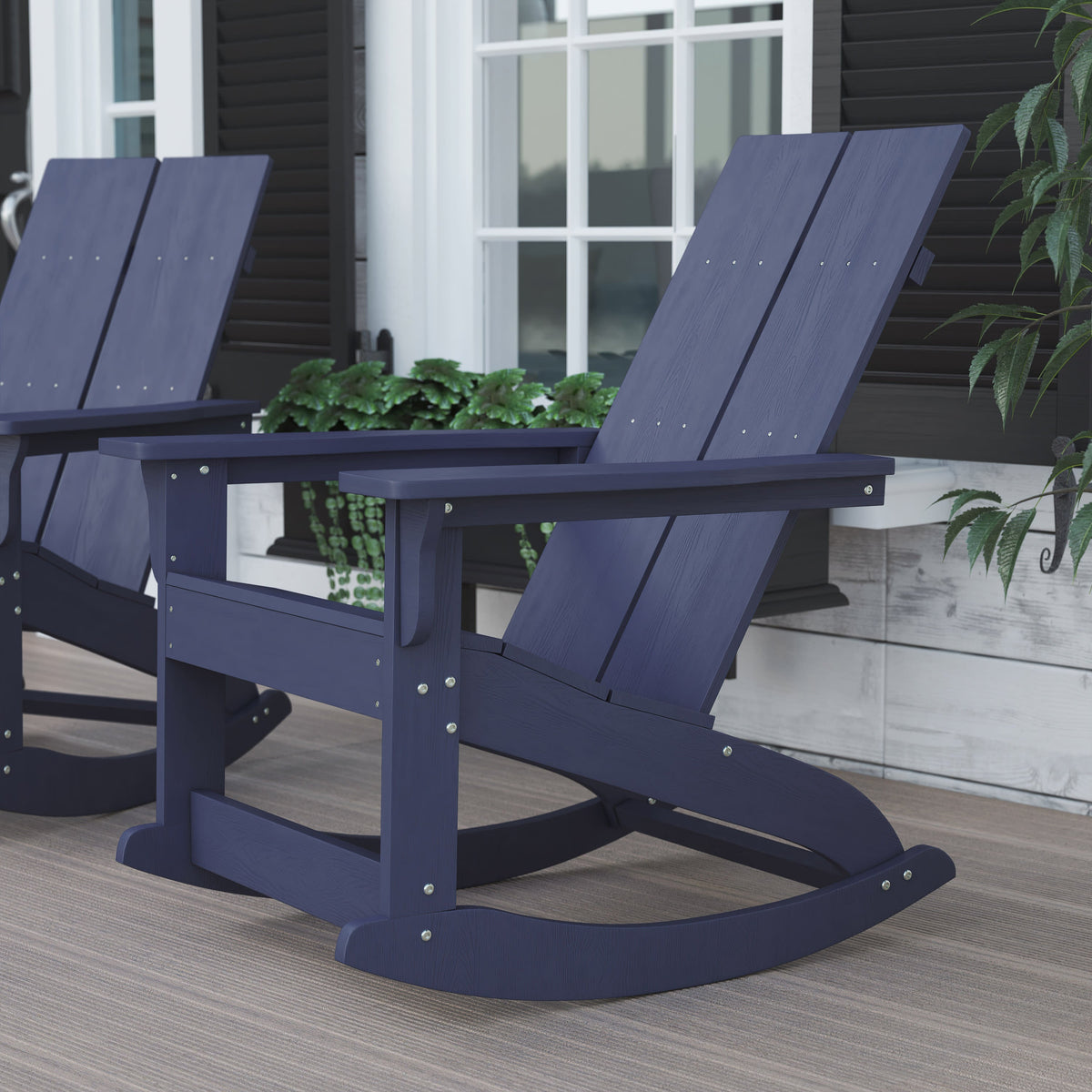 Navy |#| Modern 2-Slat Adirondack Poly Resin Rocking Chair for Indoor/Outdoor Use - Navy