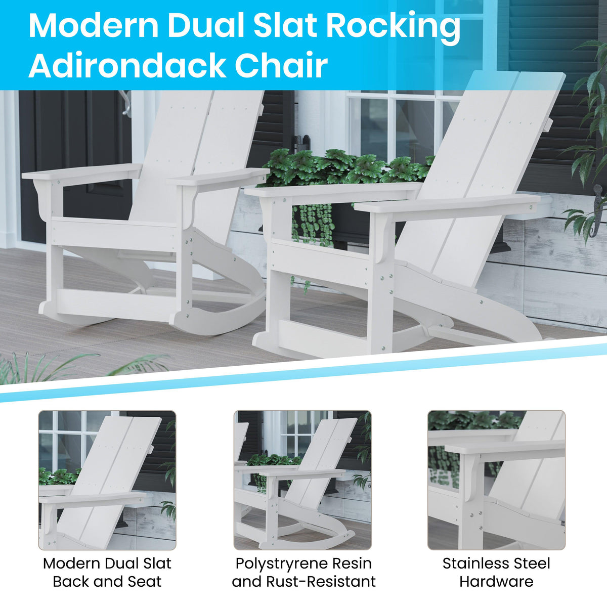 White |#| Modern 2-Slat Adirondack Poly Resin Rocking Chair for Indoor/Outdoor Use - White