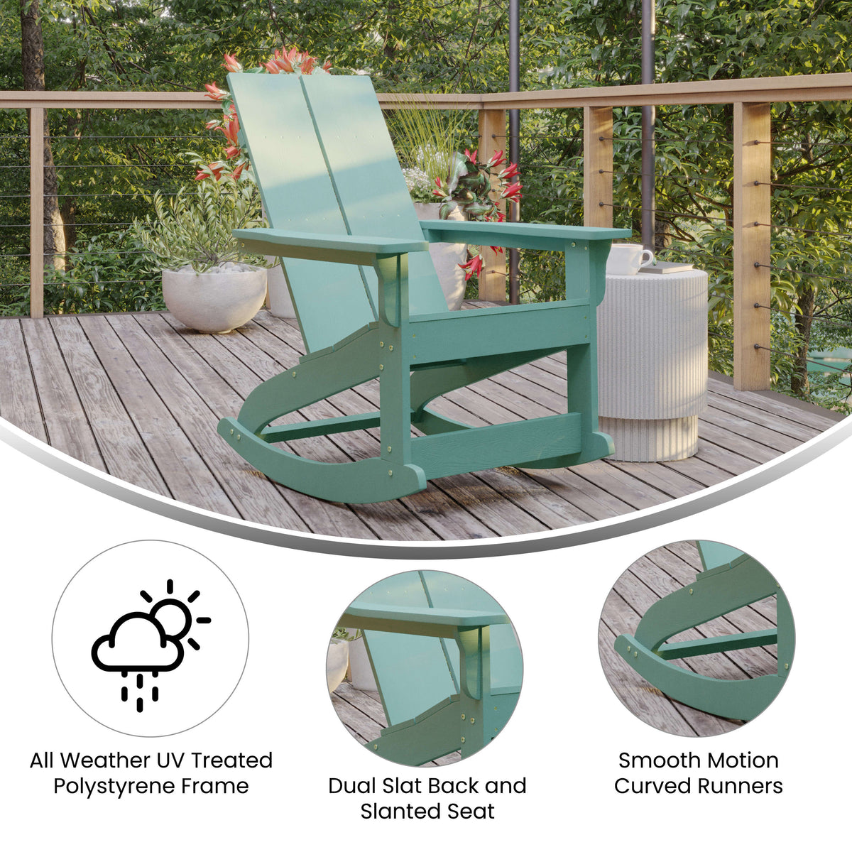 Sea Foam |#| Modern 2-Slat Adirondack Poly Resin Rocking Chair - Indoor/Outdoor Use-Sea Foam