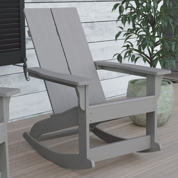 Gray |#| Modern 2-Slat Adirondack Poly Resin Rocking Chair for Indoor/Outdoor Use - Gray