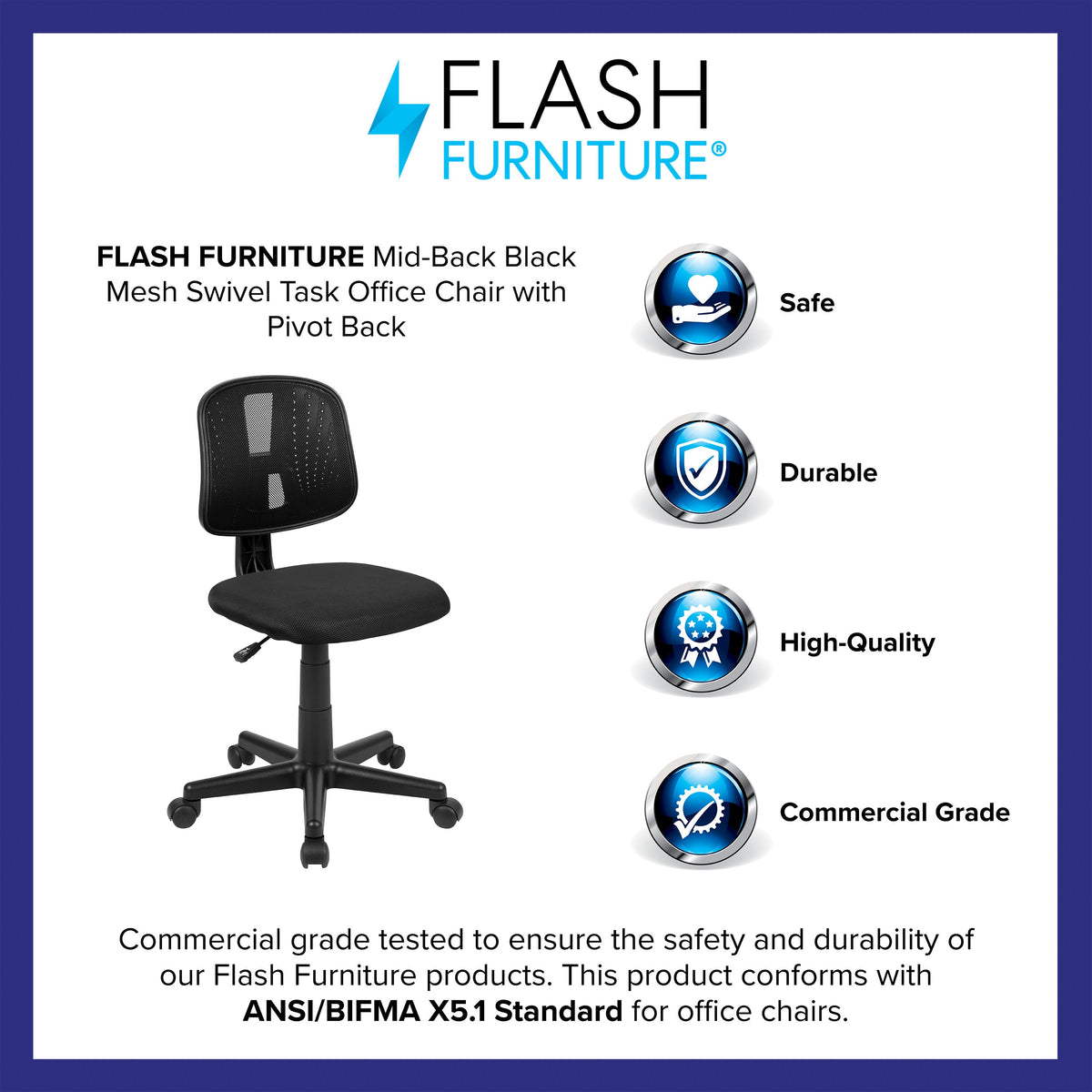 Black |#| Flash Fundamentals Mid-Back Black Mesh Swivel Task Office Chair with Pivot Back