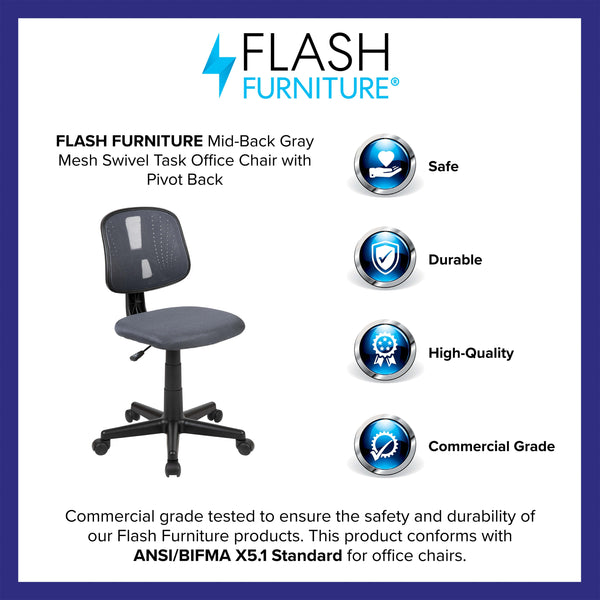 Gray |#| Flash Fundamentals Mid-Back Gray Mesh Swivel Task Office Chair with Pivot Back