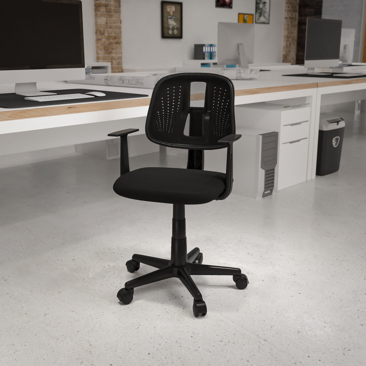 Black |#| Flash Fundamentals Pivot Back Black Mesh Swivel Task Office Chair with Arms