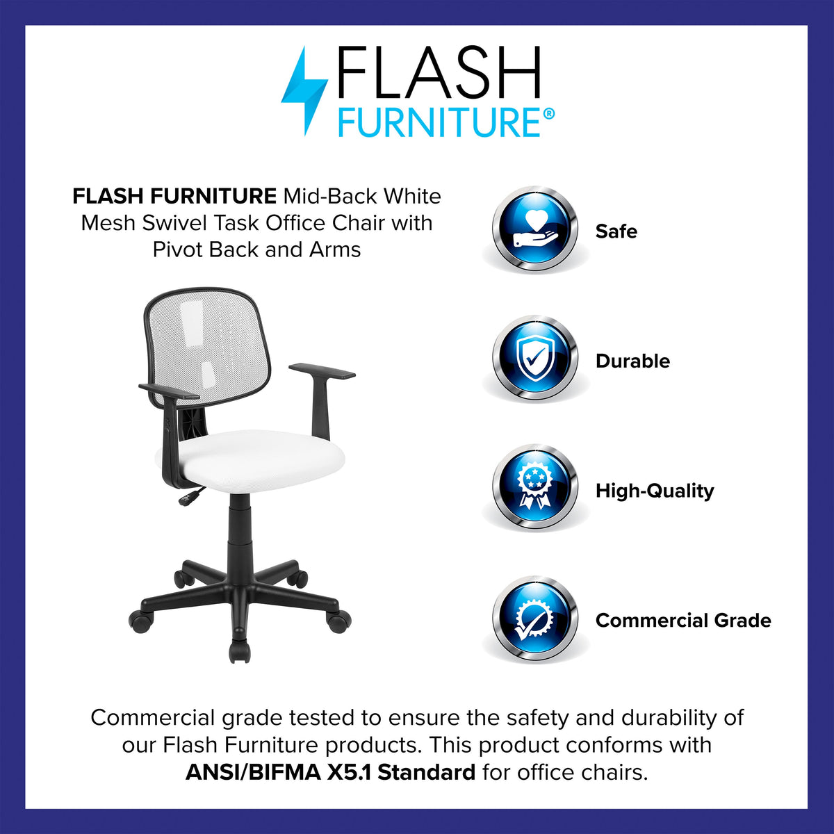 White |#| Flash Fundamentals Pivot Back White Mesh Swivel Task Office Chair with Arms