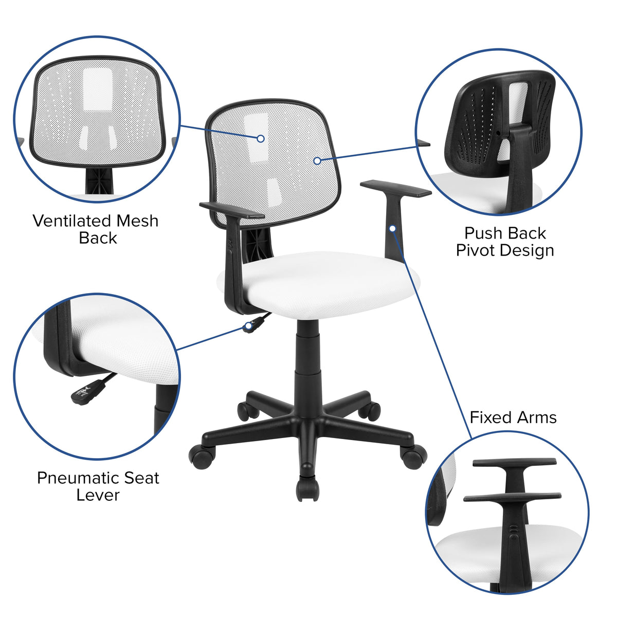 White |#| Flash Fundamentals Pivot Back White Mesh Swivel Task Office Chair with Arms