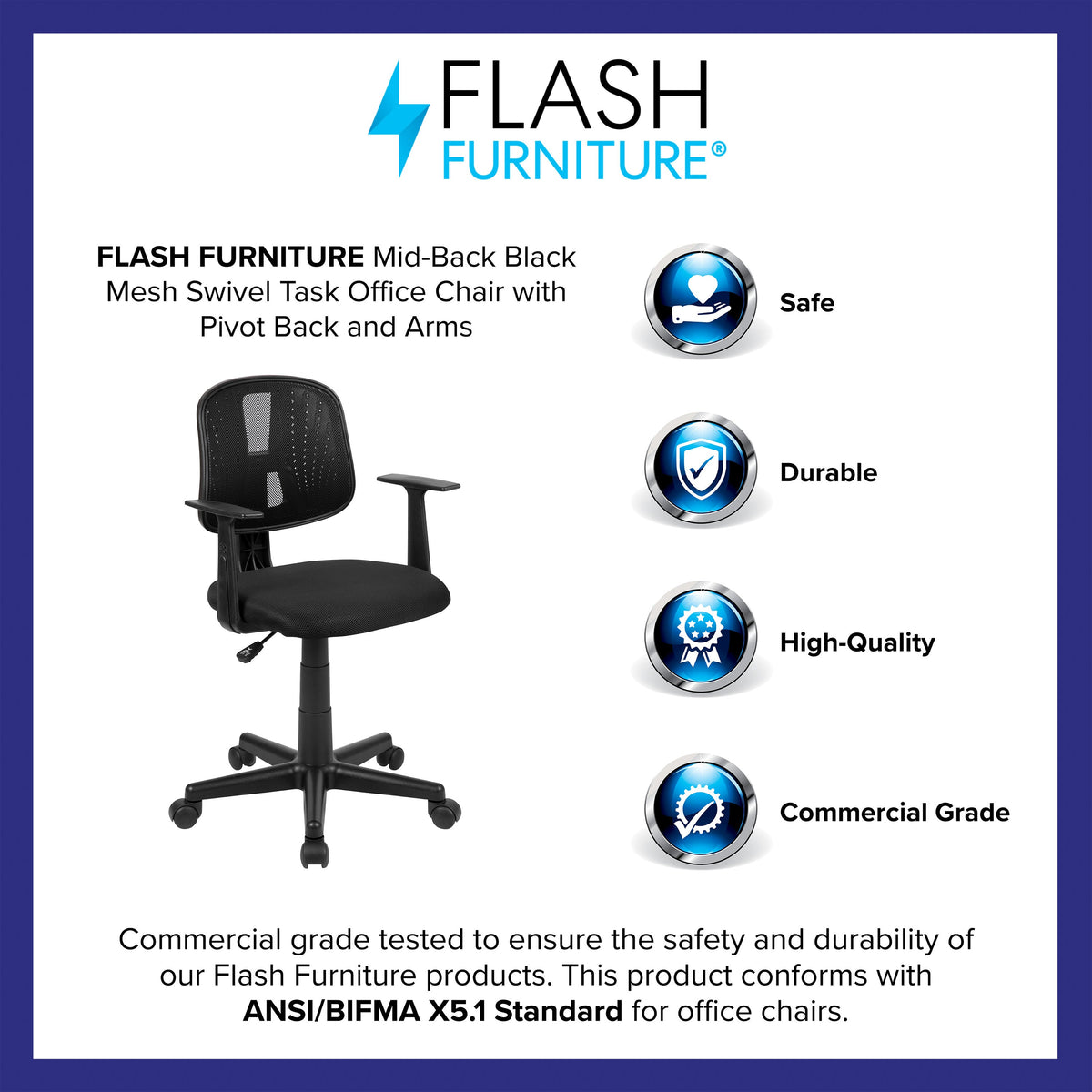 Black |#| Flash Fundamentals Pivot Back Black Mesh Swivel Task Office Chair with Arms