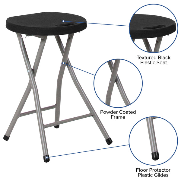 Foldable Stool with Black Plastic Seat and Titanium Gray Frame - Portable Stool