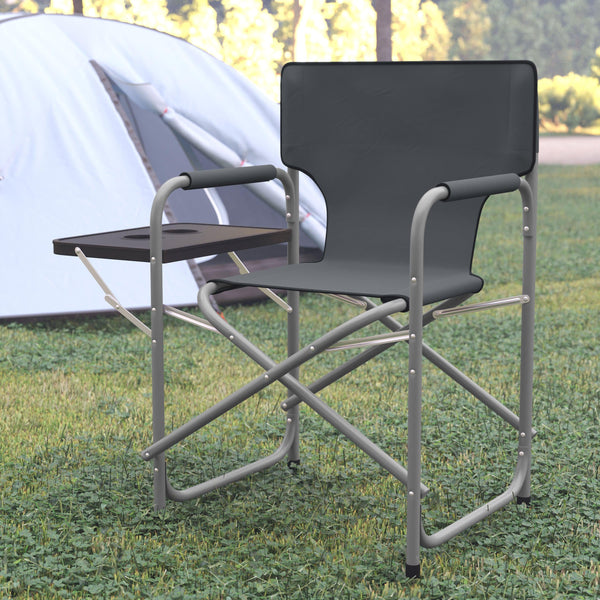 Gray |#| Foldable Steel Tube Framed Directors Camping Chair-Cupholder Side Table - Gray