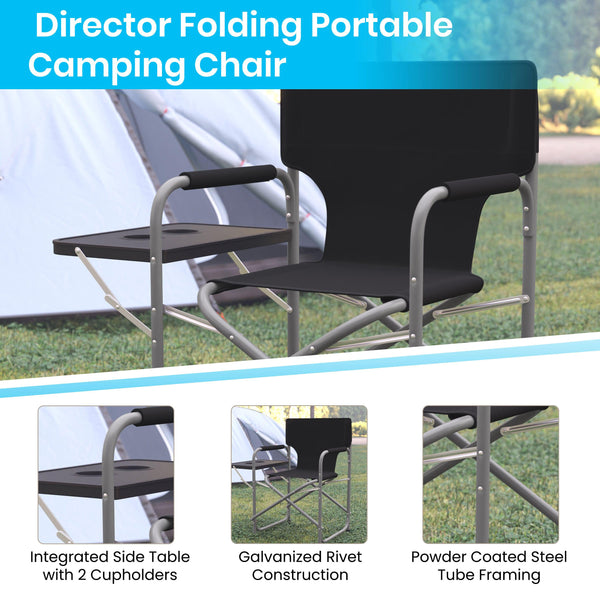 Black |#| Foldable Steel Tube Framed Directors Camping Chair-Cupholder Side Table - Black
