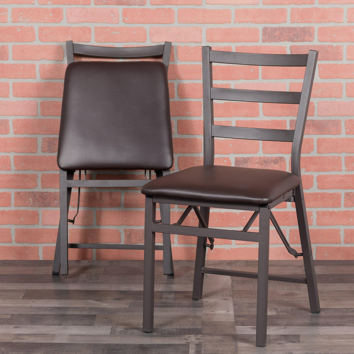 Brown Folding Ladder Back Metal Chair with Brown Vinyl Seat - Dining Furniture