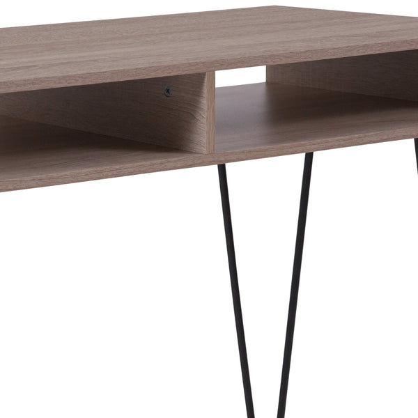 Oak Wood Grain Finish Computer Table with Black Metal Legs and Open Shelving