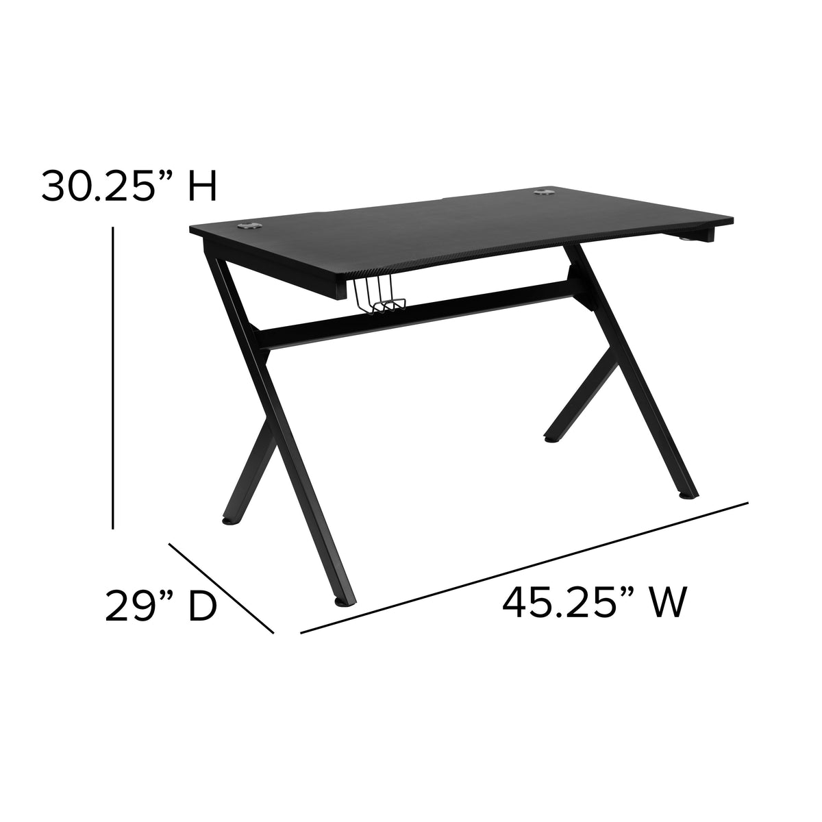 Black Computer Table Gaming Desk - Headphone Holder and 2 Cable Management Holes