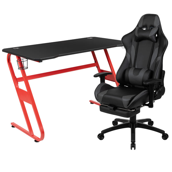Gray |#| Gaming Bundle-Cup/Headphone Desk & Gray Reclining Footrest Chair