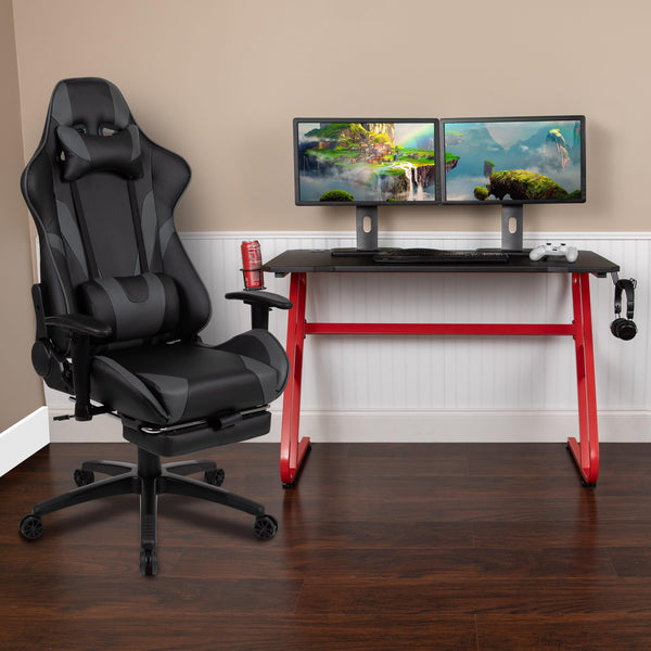 Gray |#| Gaming Bundle-Cup/Headphone Desk & Gray Reclining Footrest Chair