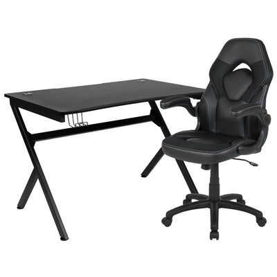 Gaming Desk and Racing Chair Set with Cup Holder, Headphone Hook & 2 Wire Management Holes - View 1