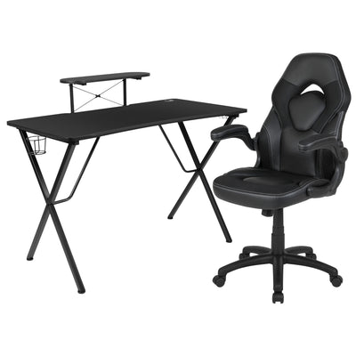 Gaming Desk and Racing Chair Set with Cup Holder, Headphone Hook, and Monitor/Smartphone Stand - View 1