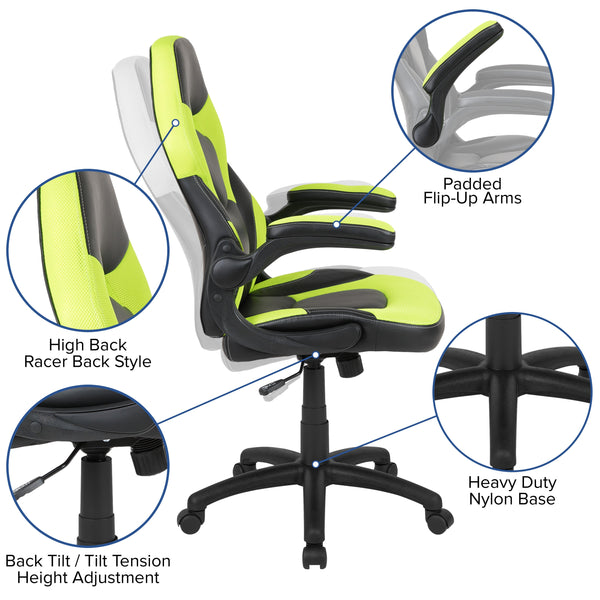 Green |#| Black/Green Gaming Desk Bundle - Cup & Headphone Holders/Mouse Pad Top