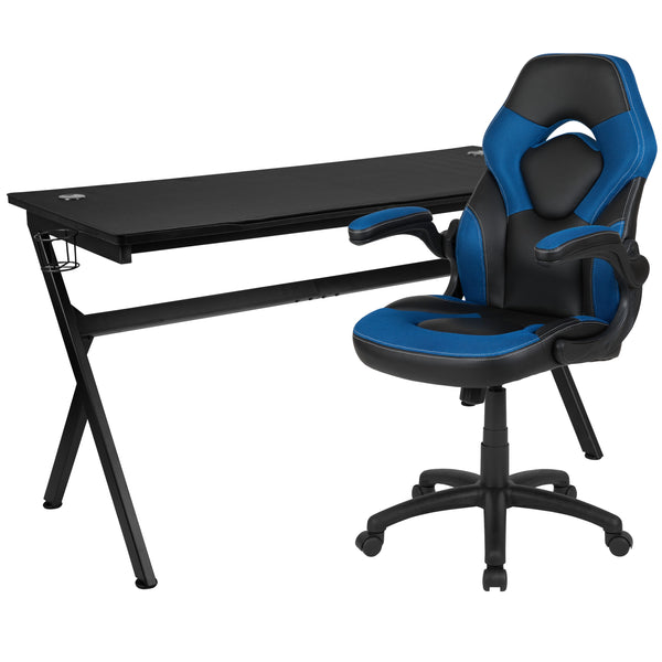 Blue |#| Black/Blue Gaming Desk Bundle - Cup & Headphone Holders/Mouse Pad Top