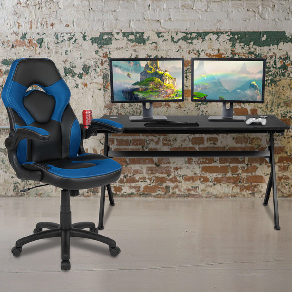 Blue |#| Black/Blue Gaming Desk Bundle - Cup & Headphone Holders/Mouse Pad Top