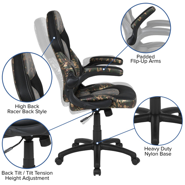 Camouflage |#| Black/Camo Gaming Desk Bundle - Cup & Headphone Holders/Mouse Pad Top