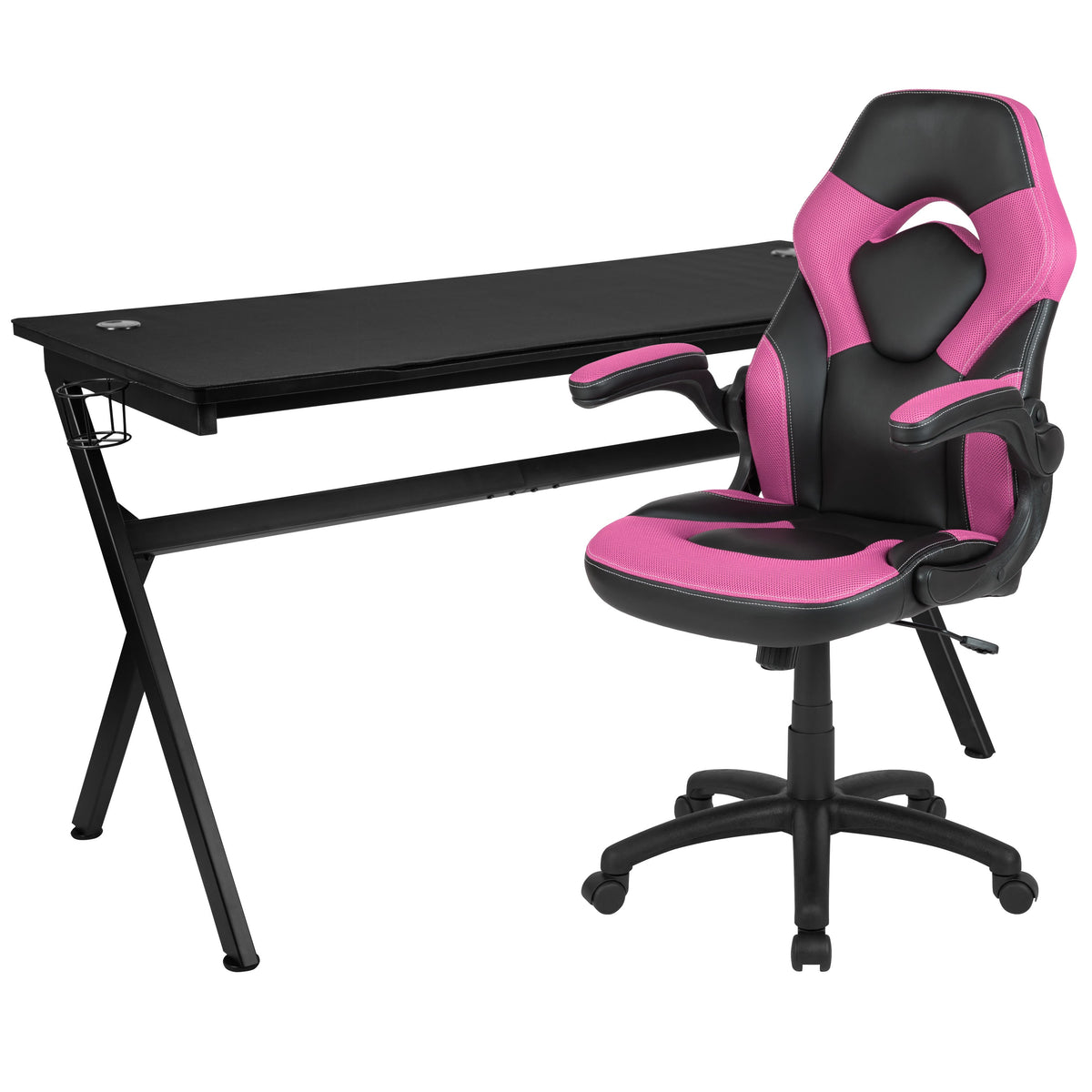 Pink |#| Black/Pink Gaming Desk Bundle - Cup & Headphone Holders/Mouse Pad Top