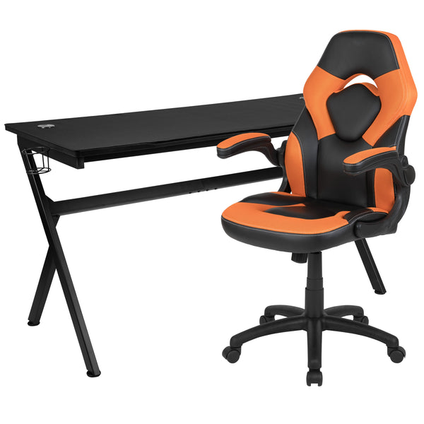 Orange |#| Black/Orange Gaming Desk Bundle - Cup & Headphone Holders/Mouse Pad Top