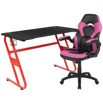 Gaming Desk and Racing Chair Set with Cup Holder and Headphone Hook - View 1