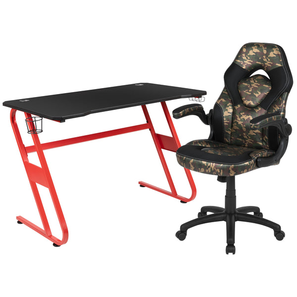 Camouflage |#| Desk Bundle - Red Gaming Desk, Cup Holder, Headphone Hook and Camouflage Chair