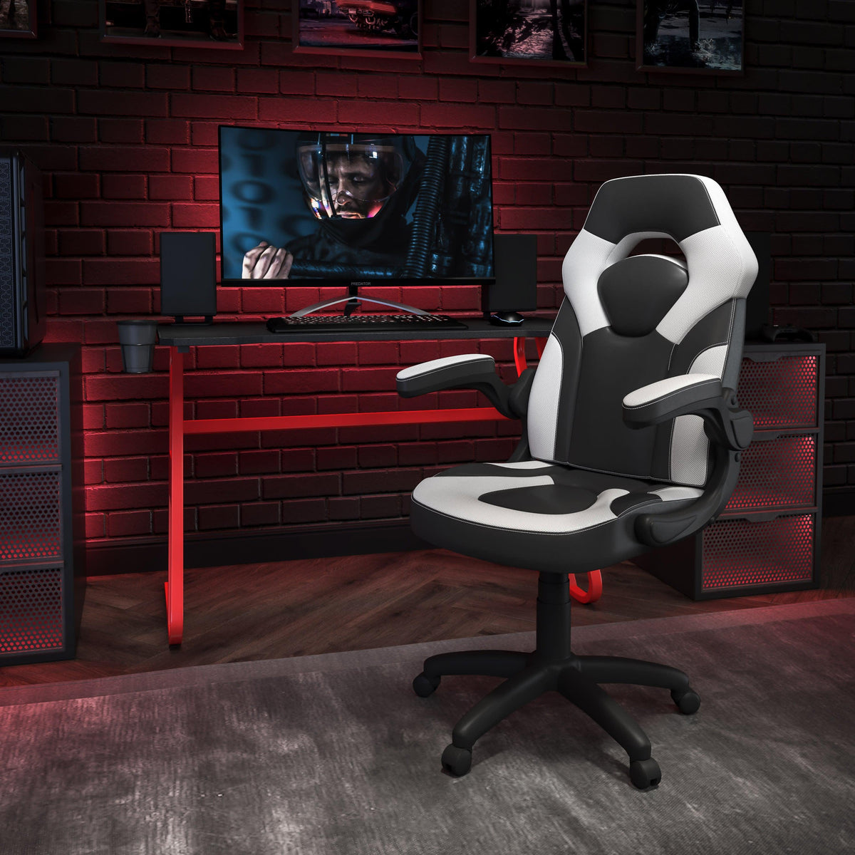 White |#| Desk Bundle - Red Gaming Desk, Cup Holder, Headphone Hook and White Chair