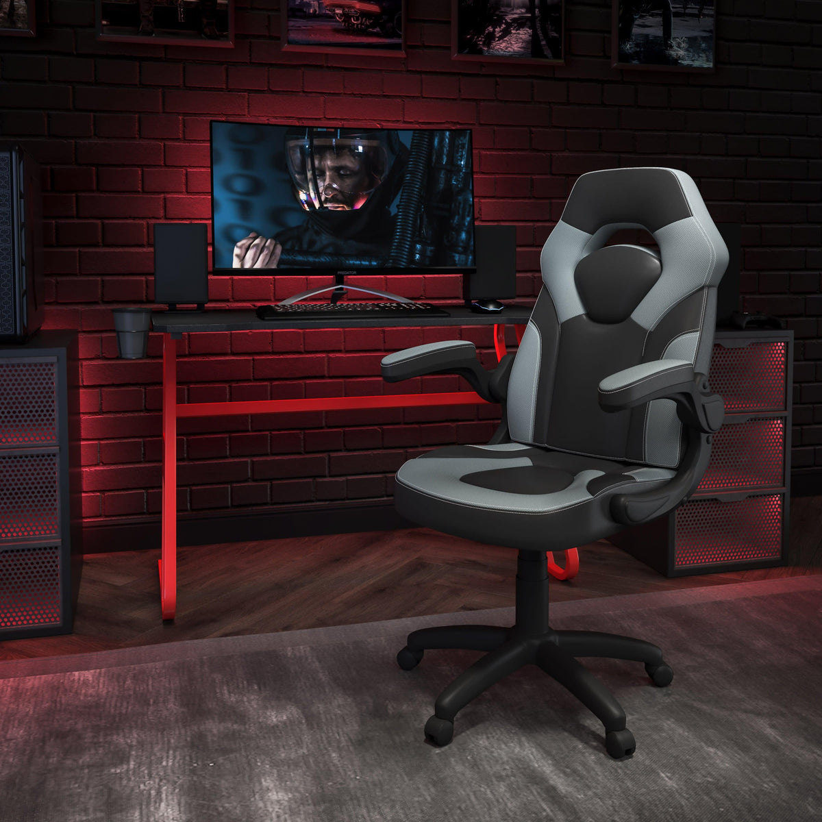 Gray |#| Desk Bundle - Red Gaming Desk, Cup Holder, Headphone Hook and Gray Chair