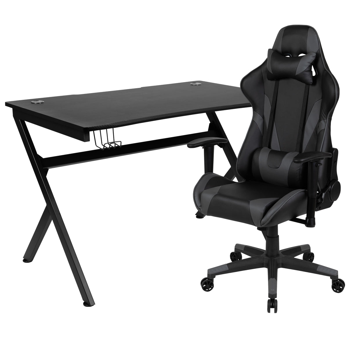 Gray |#| Gaming Bundle-Desk, Cup Holder/Headphone Hook & Gray Reclining Chair