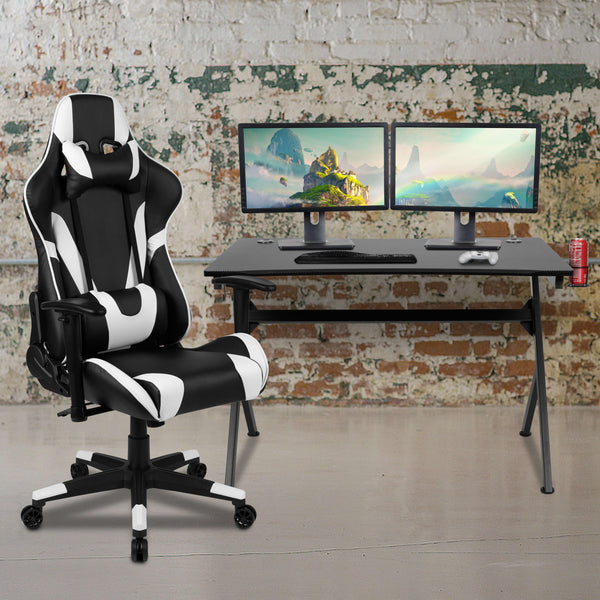 Black |#| Gaming Bundle-Desk, Cup Holder/Headphone Hook & Black Reclining Chair