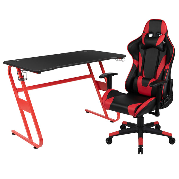 Red |#| Desk Bundle - Red Gaming Desk, Cup Holder, Headphone Hook and Reclining Chair