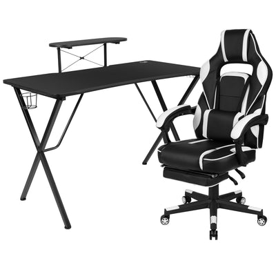 Gaming Desk with Cup Holder/Headphone Hook/Monitor Stand & Reclining Back/Arms Gaming Chair with Footrest - View 1