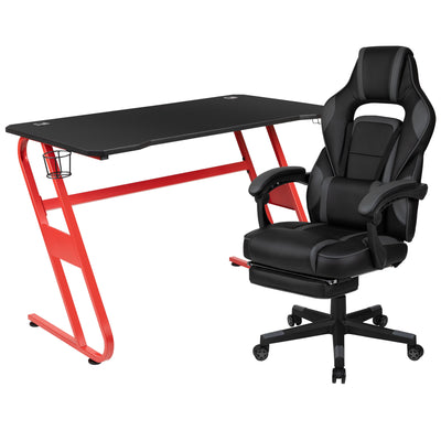Gaming Desk with Cup Holder/Headphone Hook & Reclining Back/Arms Gaming Chair with Footrest - View 1