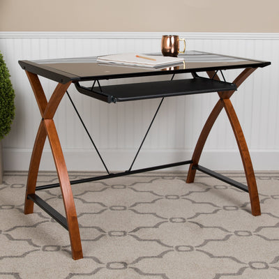 Glass Computer Desk with Pull-Out Keyboard Tray and Crisscross Frame