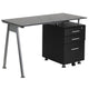 Black Computer Desk with Tempered Black Glass Top and Three Drawer Pedestal