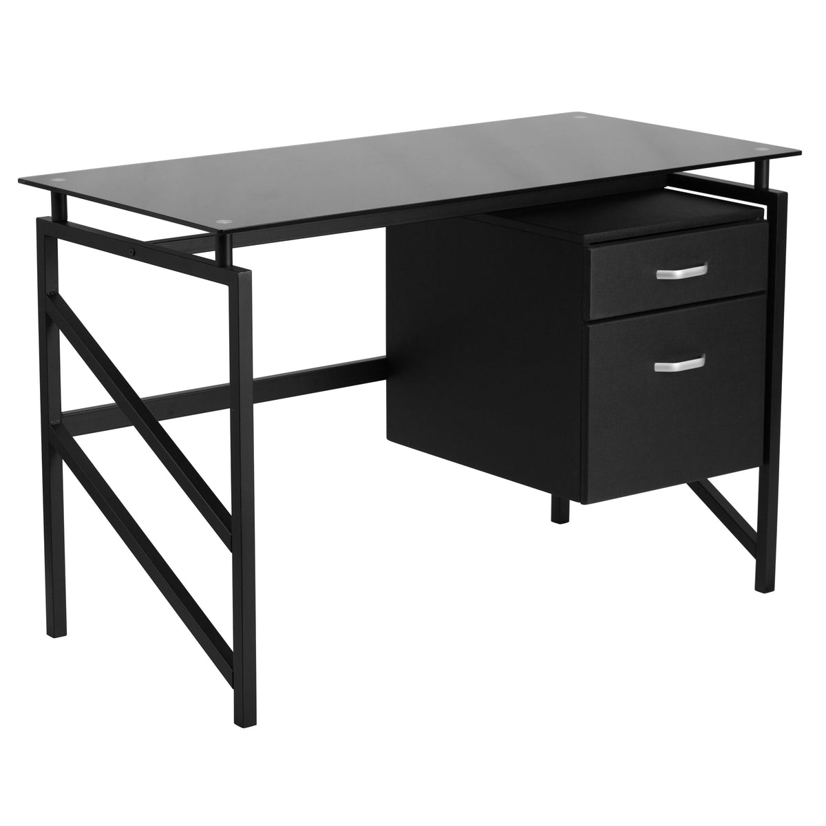 Two Drawer Pedestal Desk with Black Tempered Glass Top and Black Metal Frame