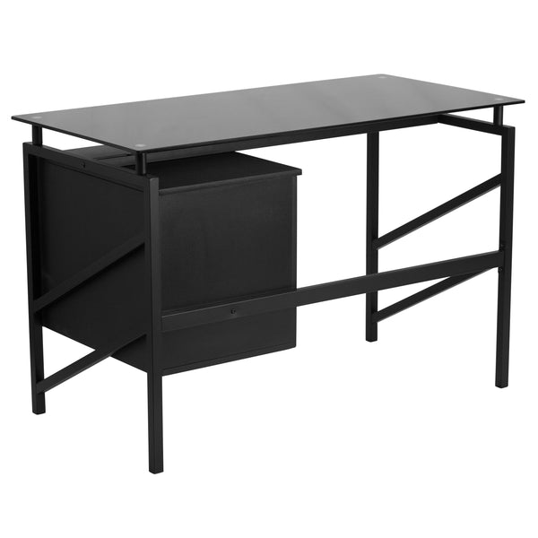Two Drawer Pedestal Desk with Black Tempered Glass Top and Black Metal Frame